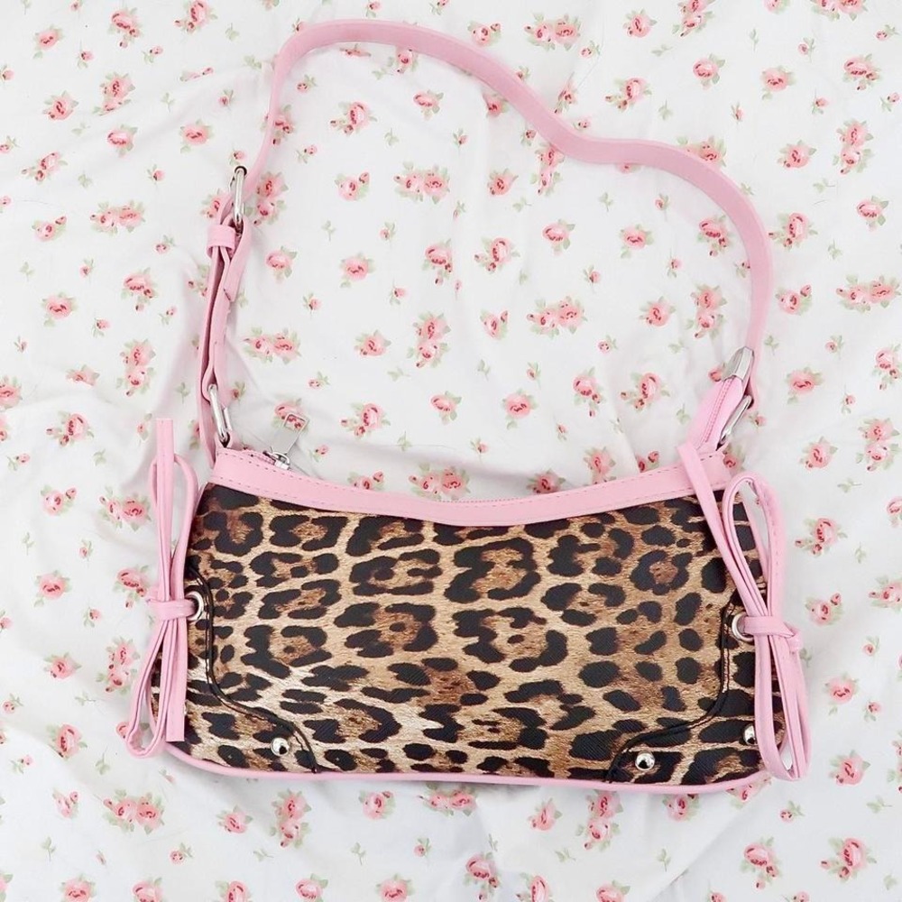 Y2K Coquette Leopard Print Baguette Shoulder Bag Pink Trim — Bimbo Aesthetic
